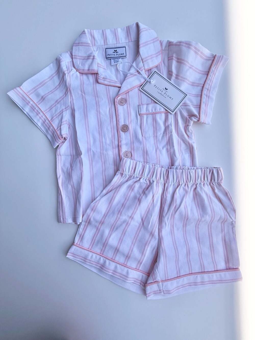 Petite Plume Kids Pink and White Stripe Twill Pajama Short Set
